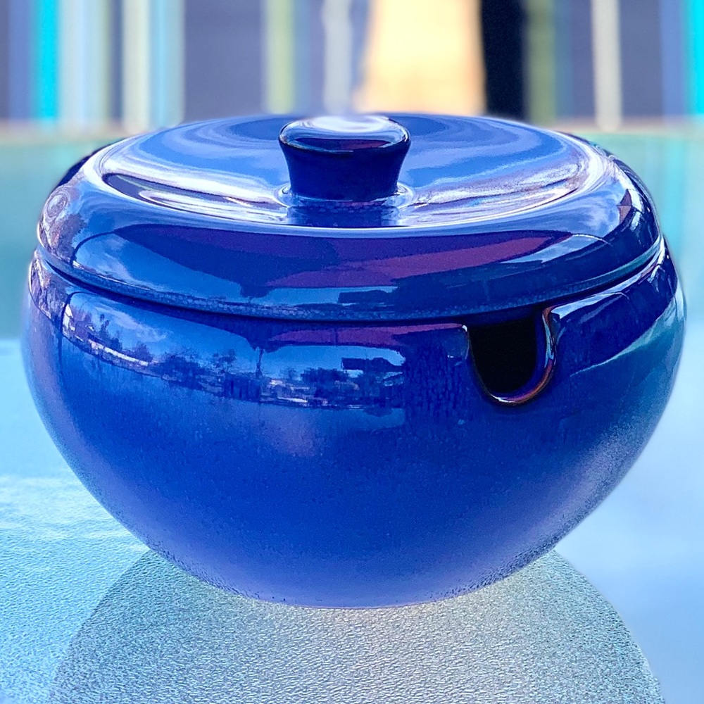 Cobalt Blue Terracotta Serving Bowl with Lid and Spoon Notch